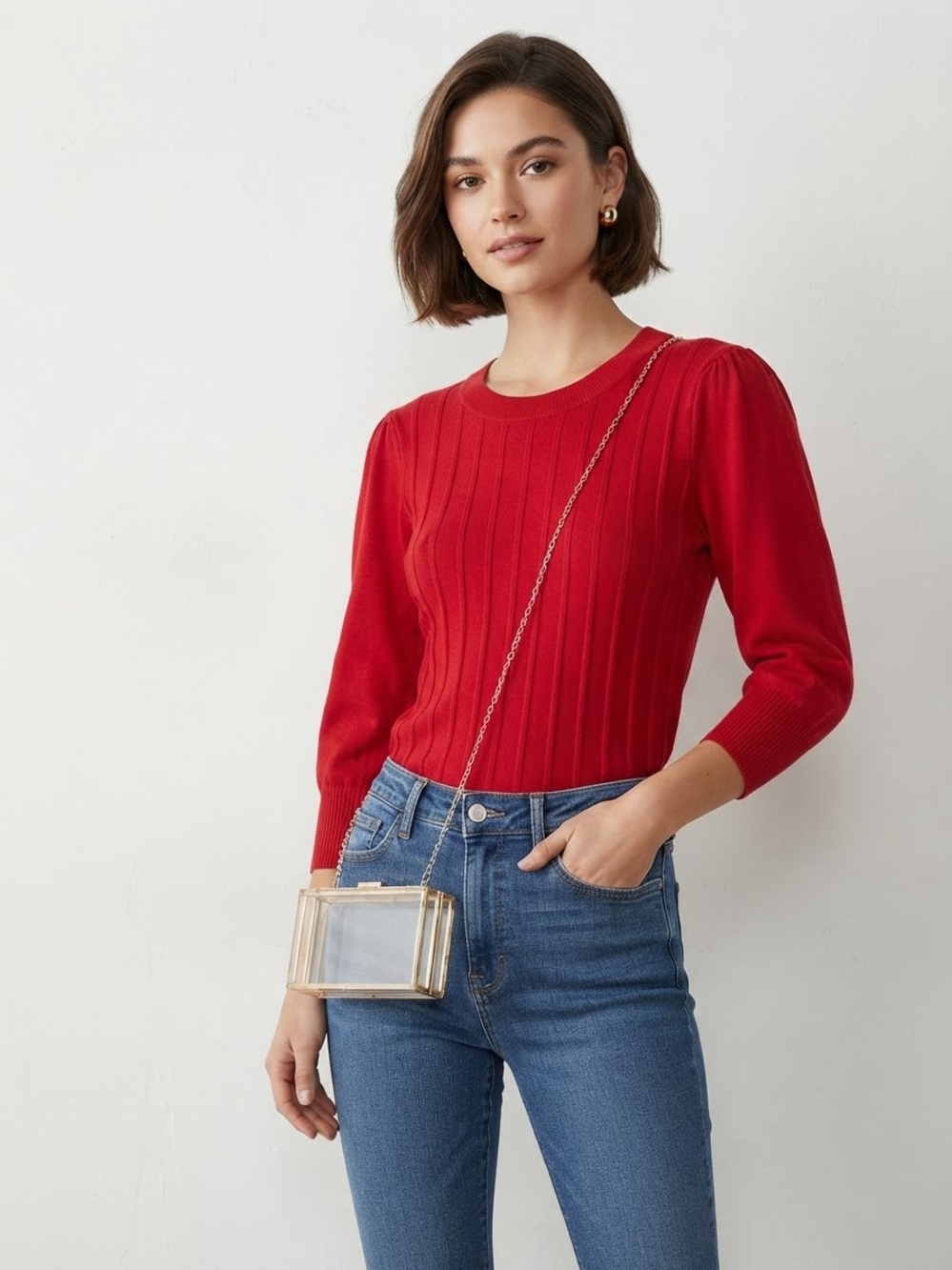 Source Unknown Red Ribbed Puff-Sleeve Crew Sweater